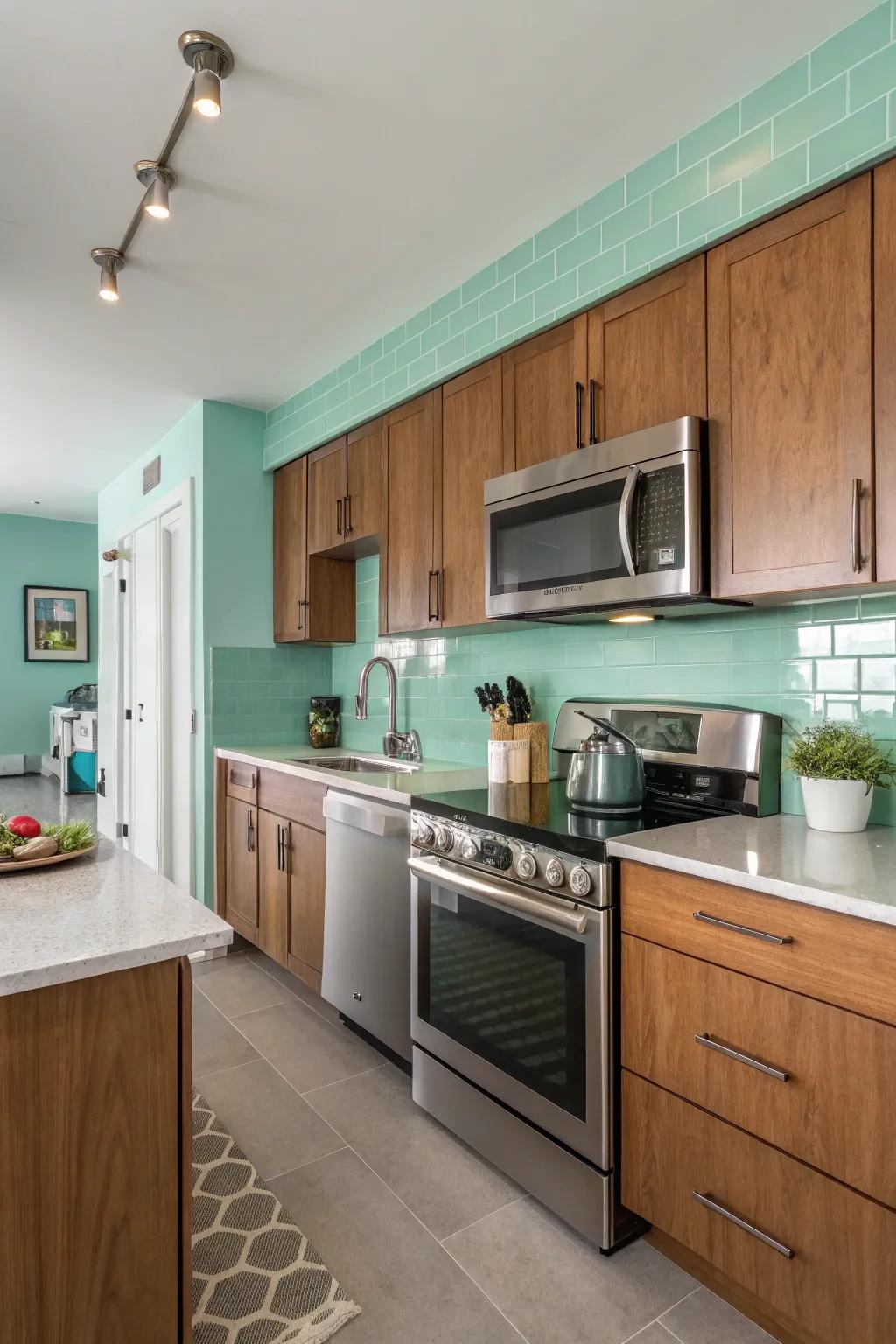 A modern kitchen with fresh seafoam green walls and natural elements.