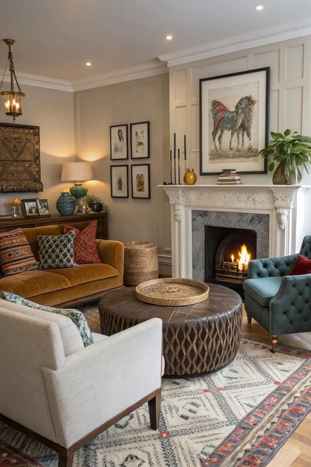 A mix of contemporary and classic styles adds character to the fireplace area.