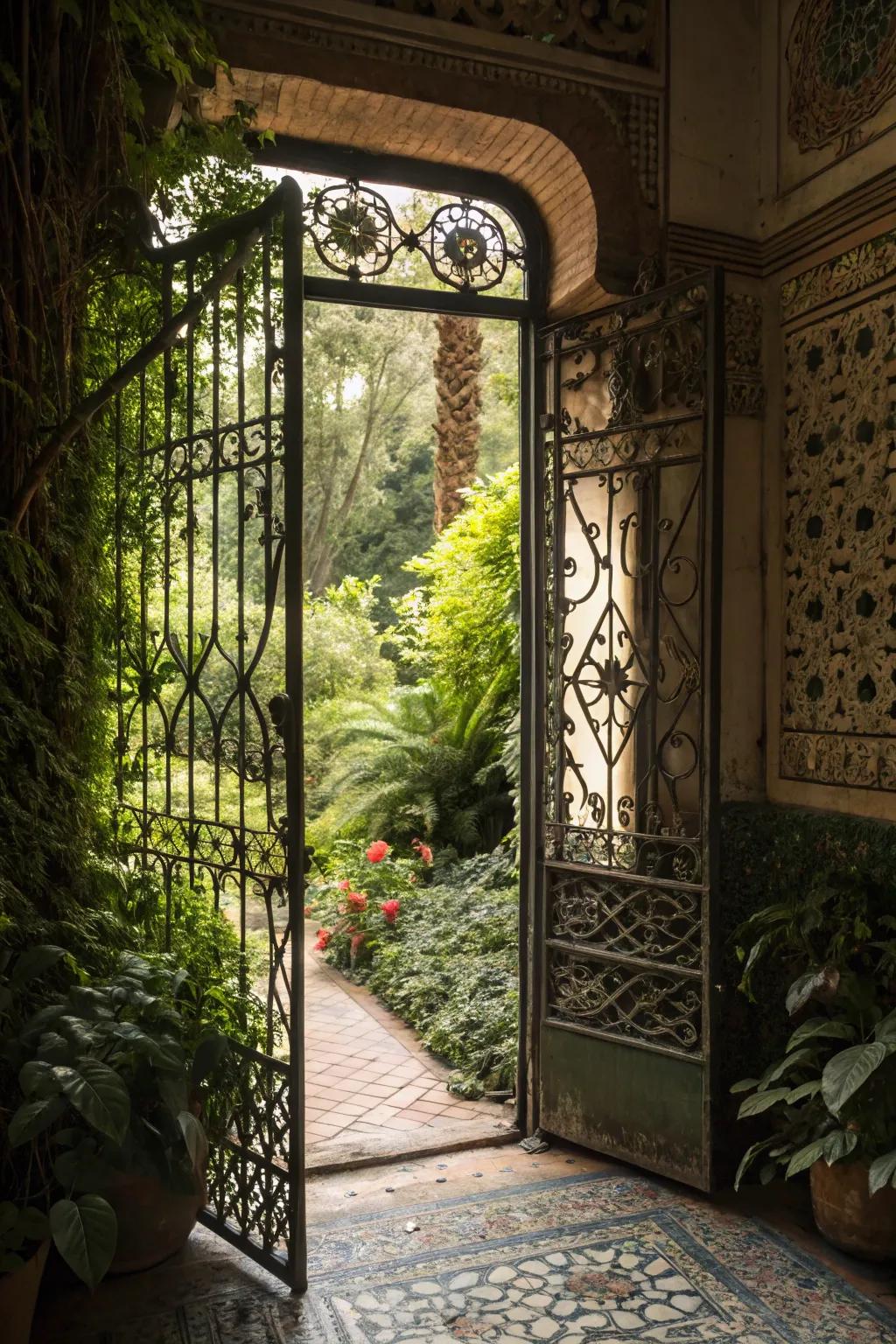Intricate ironwork appends elegance to this secret garden portal.