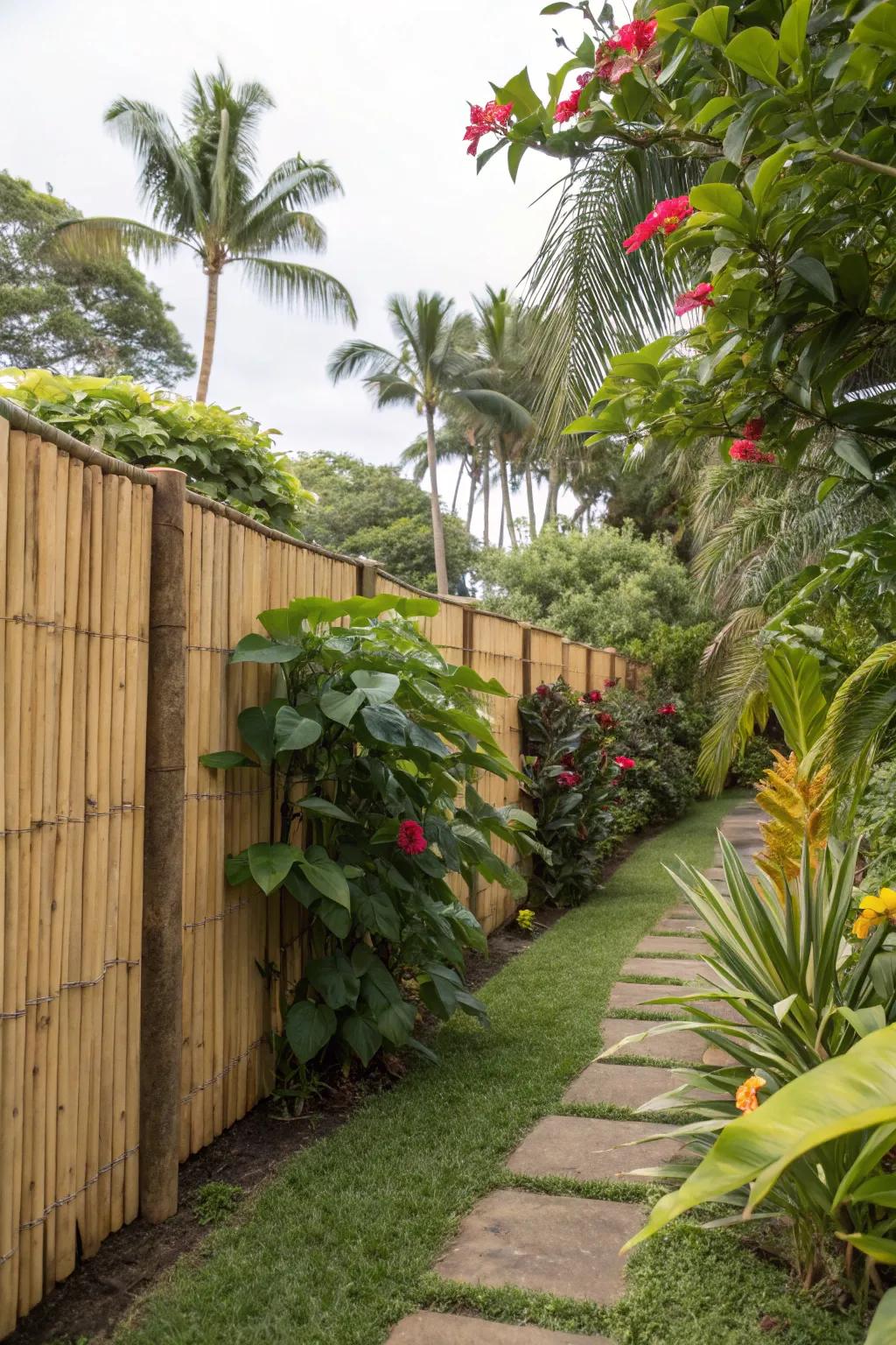 Plant fiber boards offer an exotic touch, ideal for fashioning a tropical garden escape.