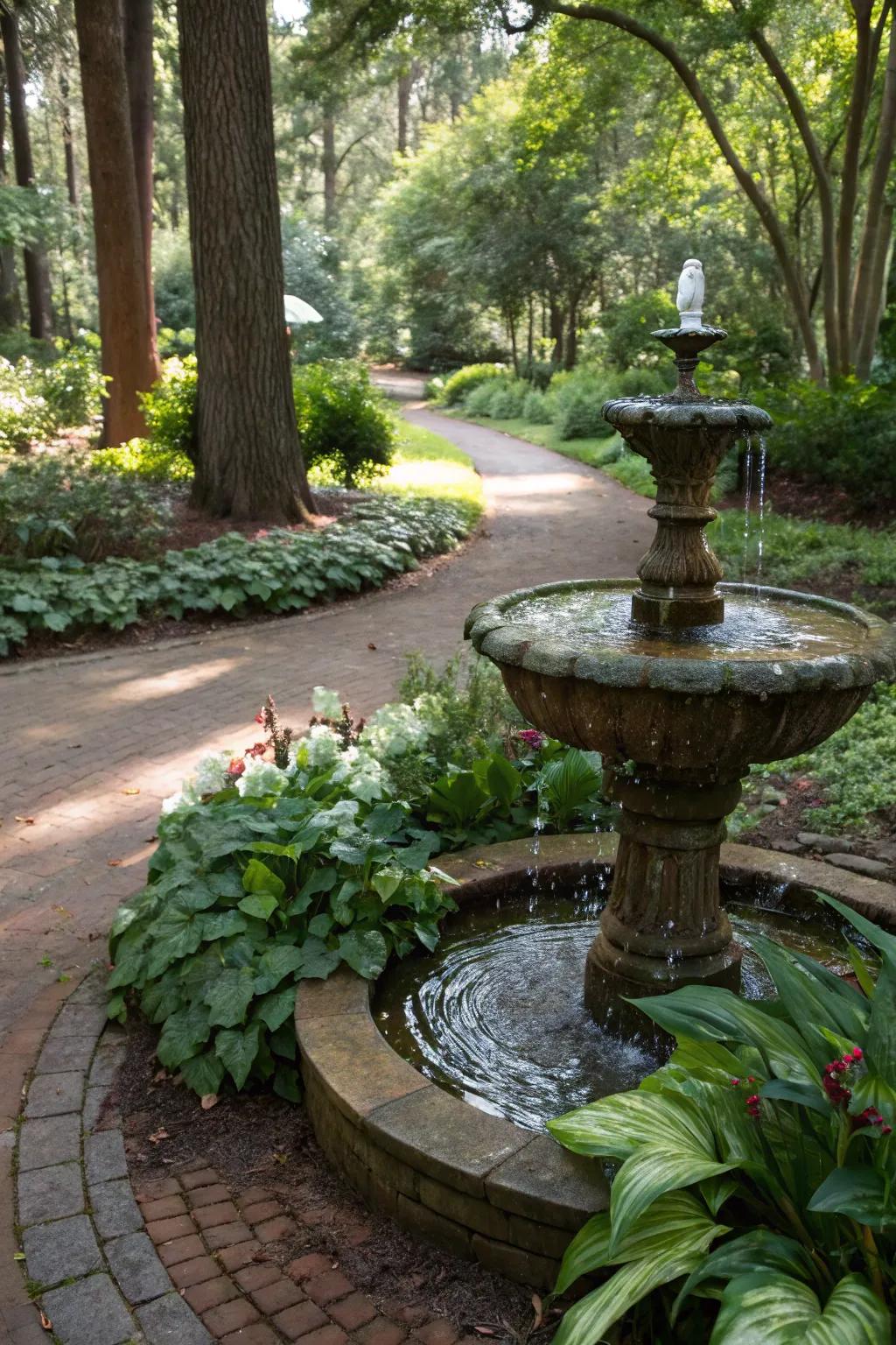 A gurgling fountain adds peacefulness to any garden.