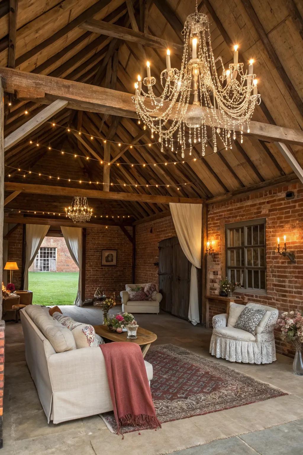 Refinement encounters rustic allure with a candelabra in a livestock building conversion.