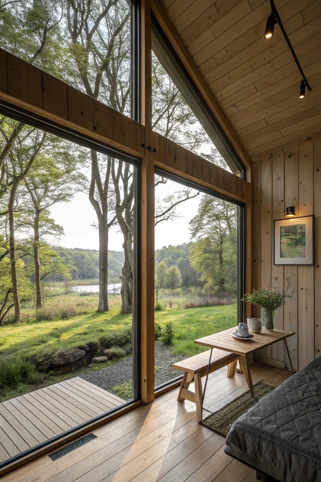 A shed dwelling featuring expansive apertures affording spectacular vistas of nature.