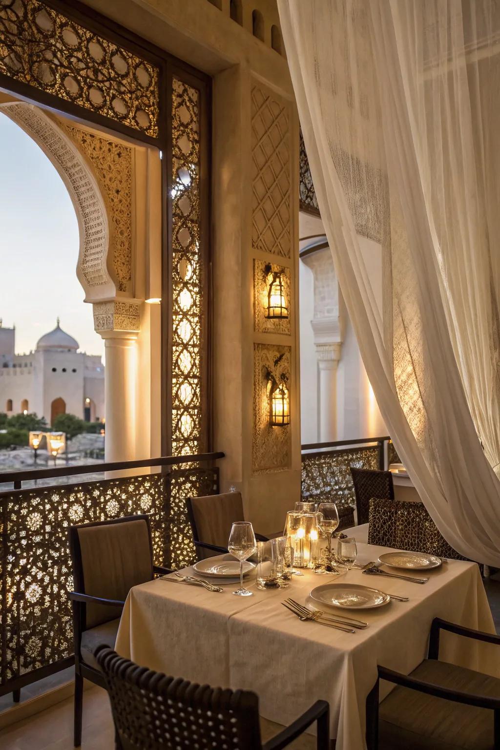 Gossamer drapes lend grace and versatility to dining zones, enhancing the overall ambiance.