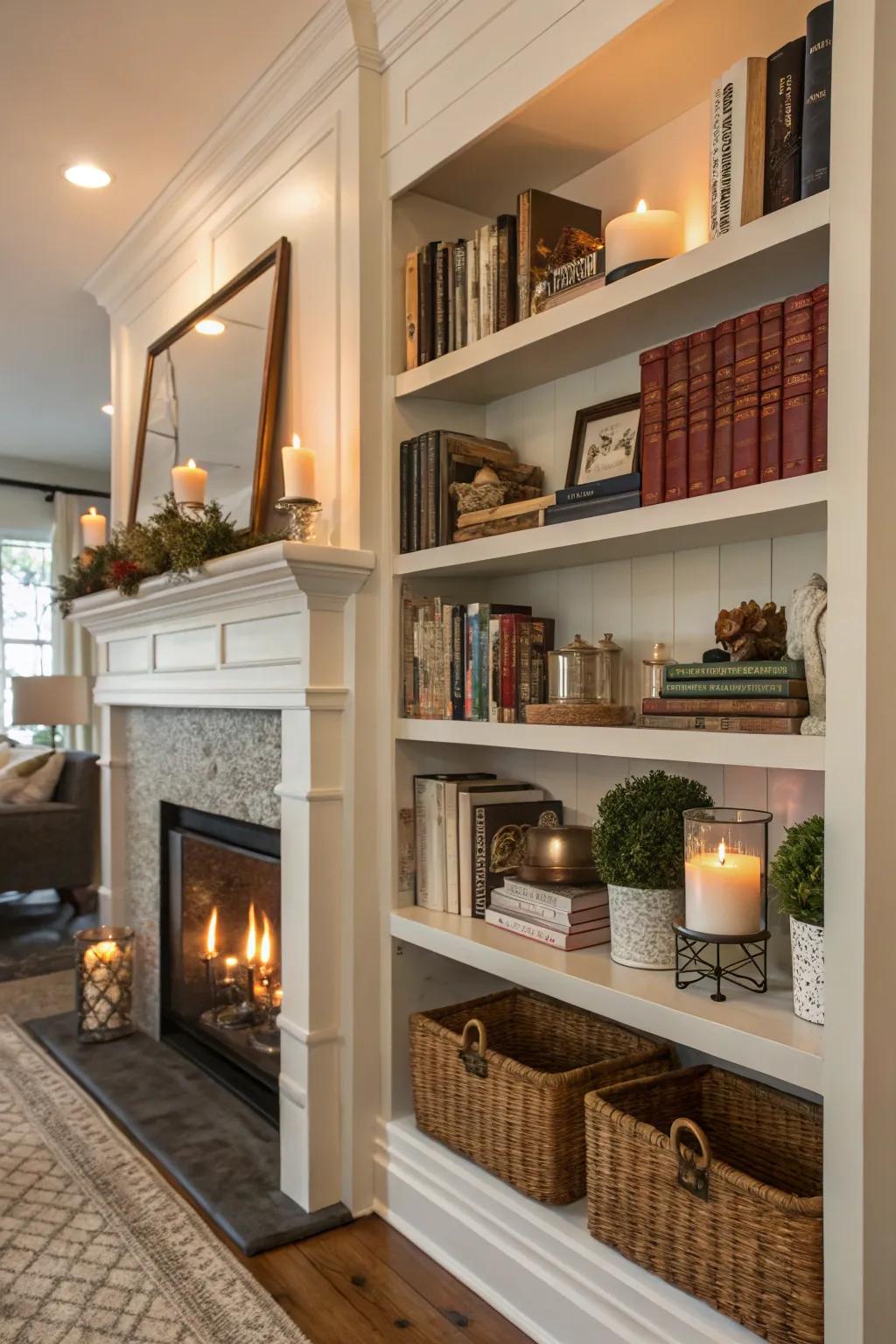 Shelves near a fireplace make the room more useful.