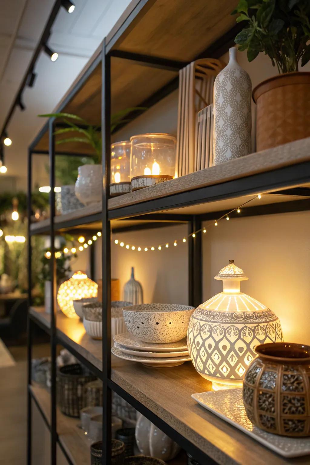 Lower-shelf lighting enhances loved items beautifully.