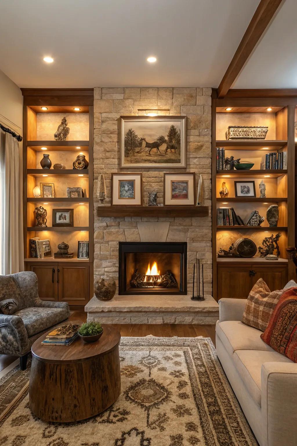 Shelves serve as a mini gallery for artwork and sculptures.