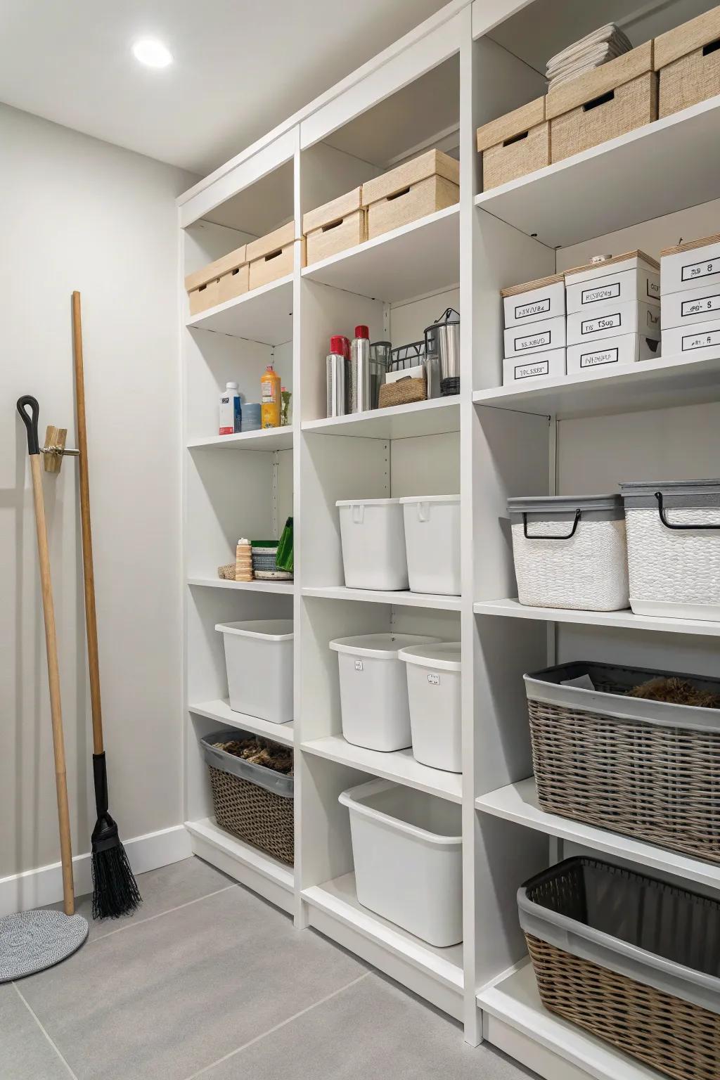Minimalist white shelves promote a clean and organized space.