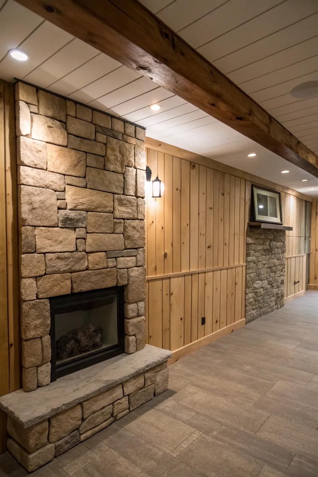 A basement showcasing a blend of board and batten walls and a stone fireplace.