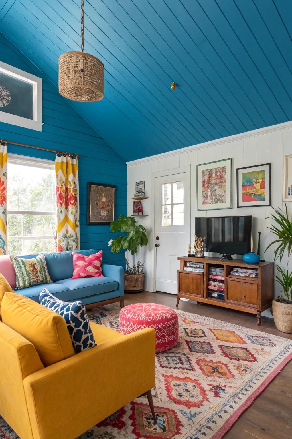 A vibrant blue plank ceiling introducing a unique touch to the space.