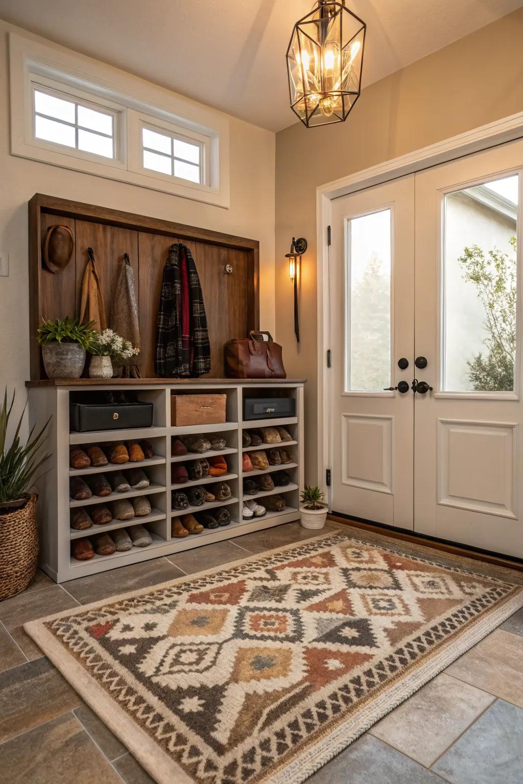 A rug that defines the space in front of a shoe cabinet.