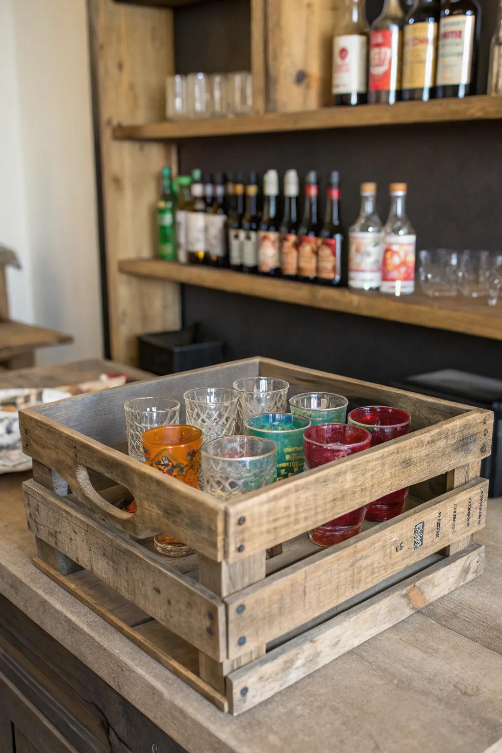 A domestic saloon showcasing a vintage lumber crate repurposed as a commemorative glass presentation.