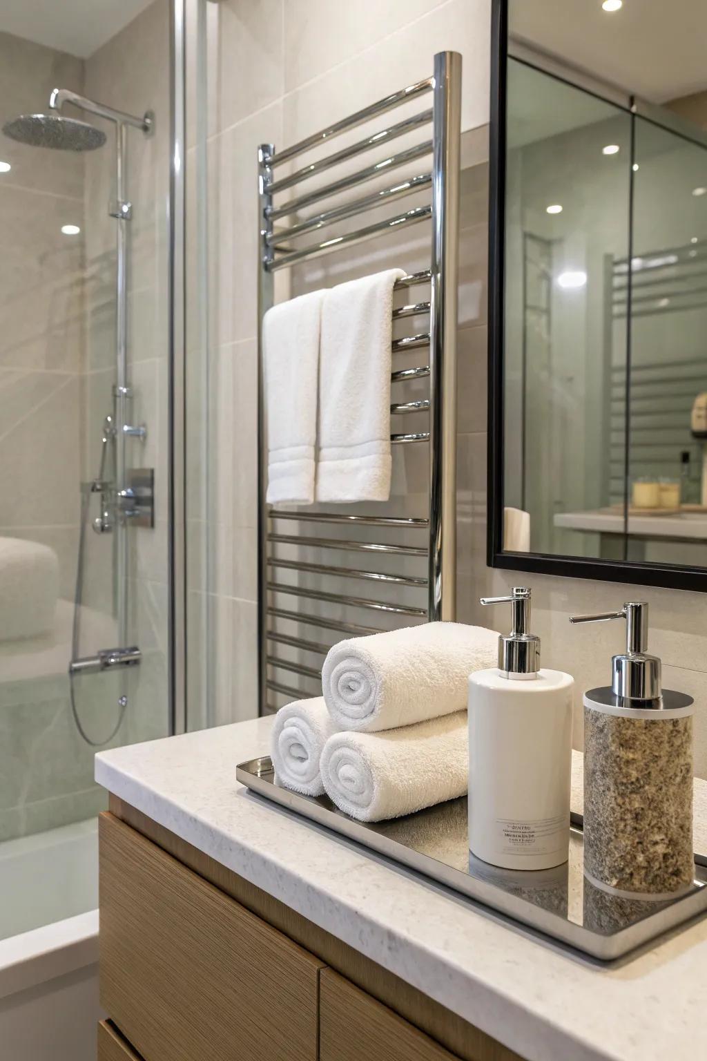 A shower adorned with stylish racks and elegant liquid containers.