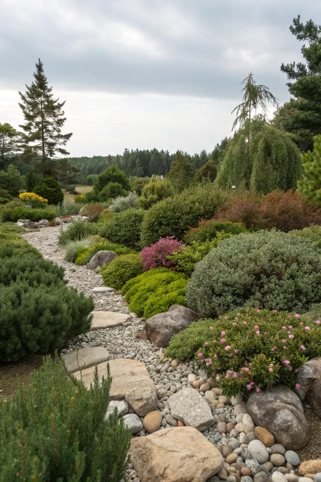 A naturalistic garden featuring a harmonious blend of shrubs and stones.