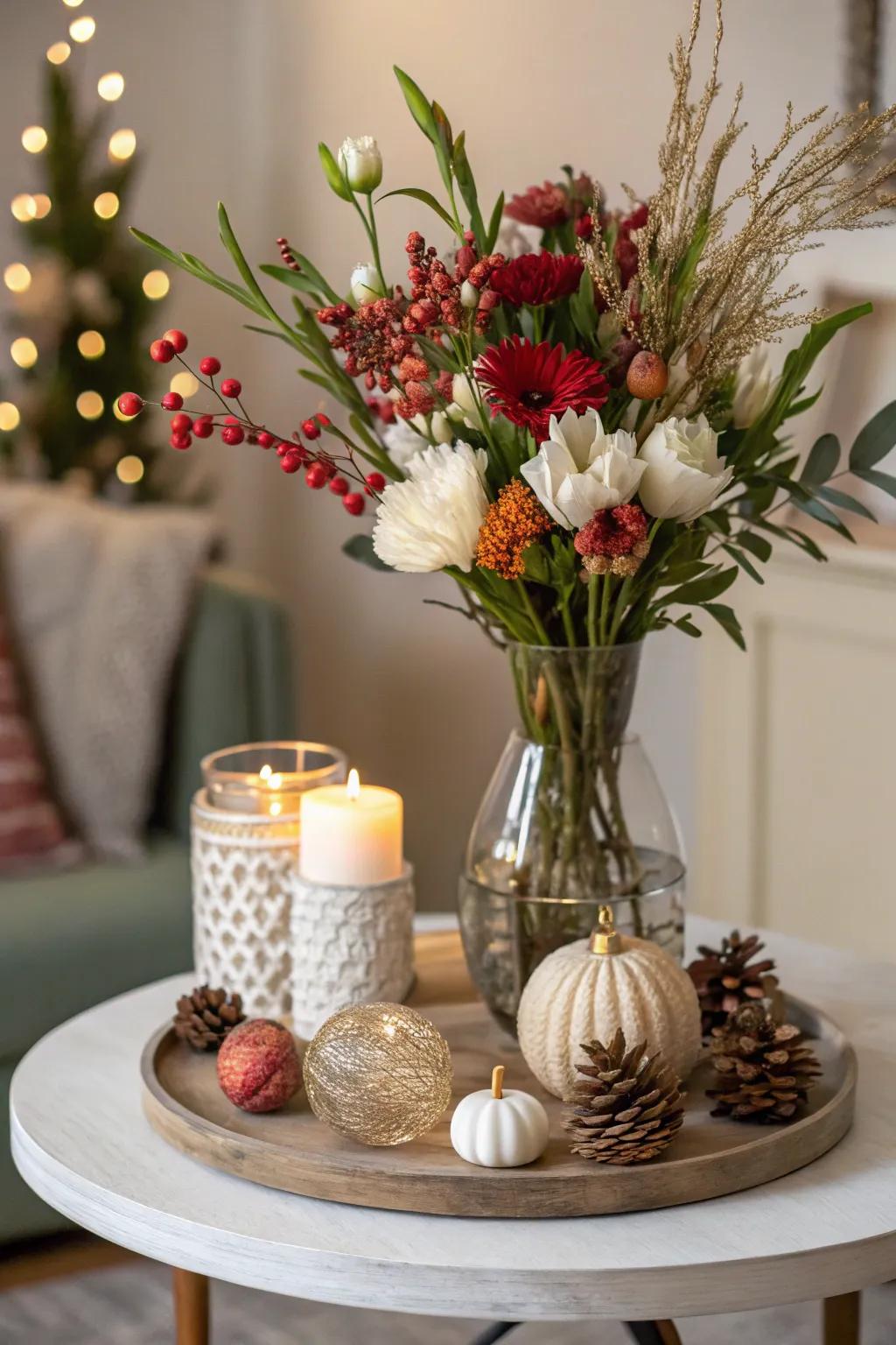 A side table adorned with seasonal touches for a consistently fresh look.