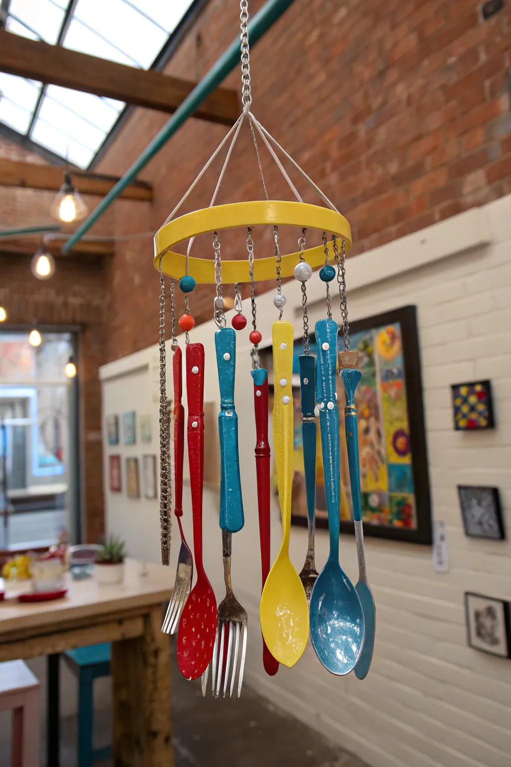 Painted silverware brings a splash of color to this wind chime.