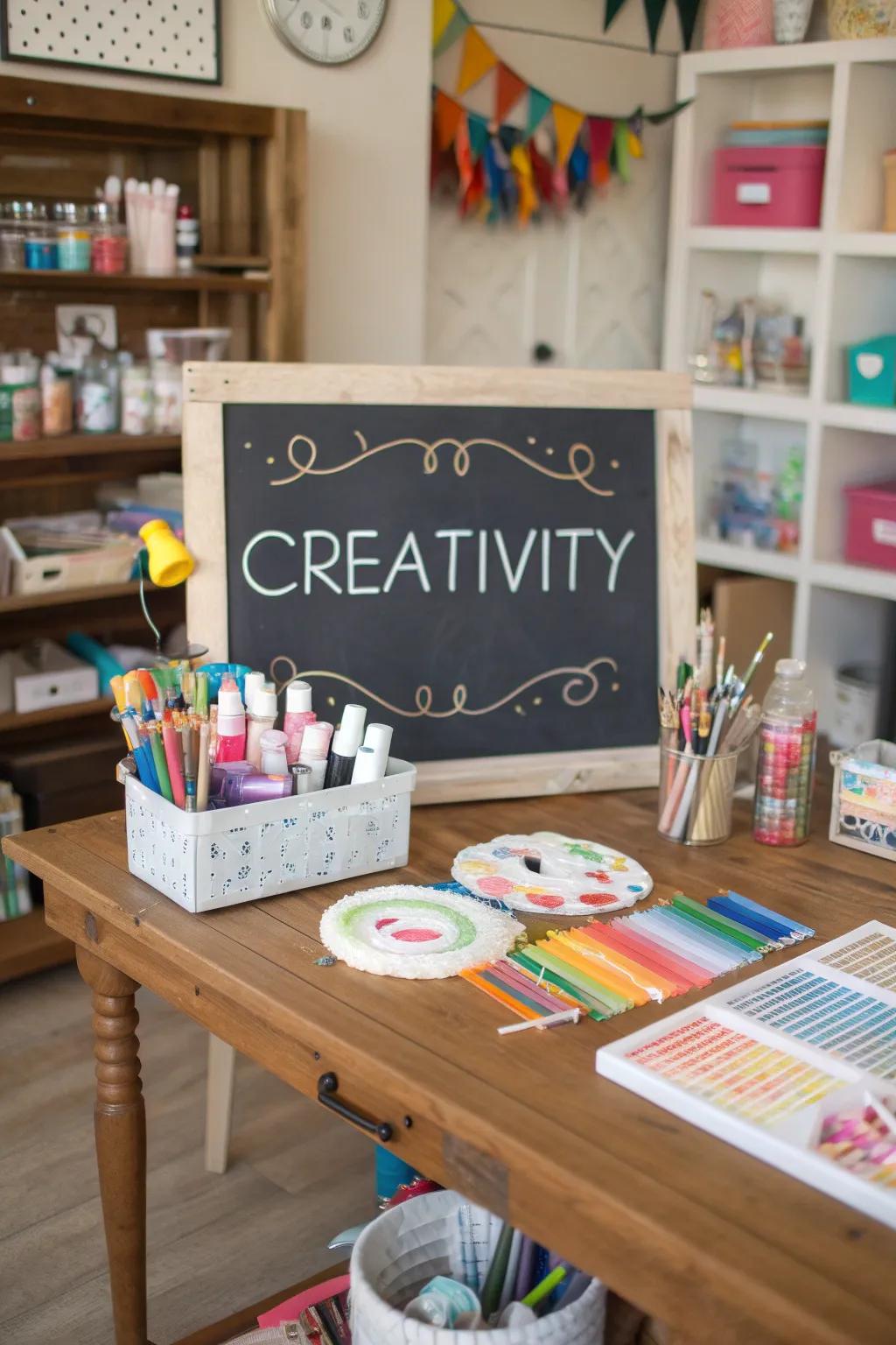 Craft room chalkboard featuring a creativity-inspired quote.