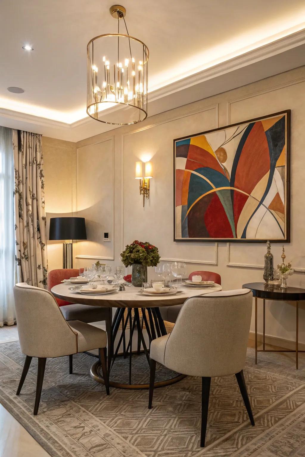 Uncomplicated wall art improves the eating space's identity.