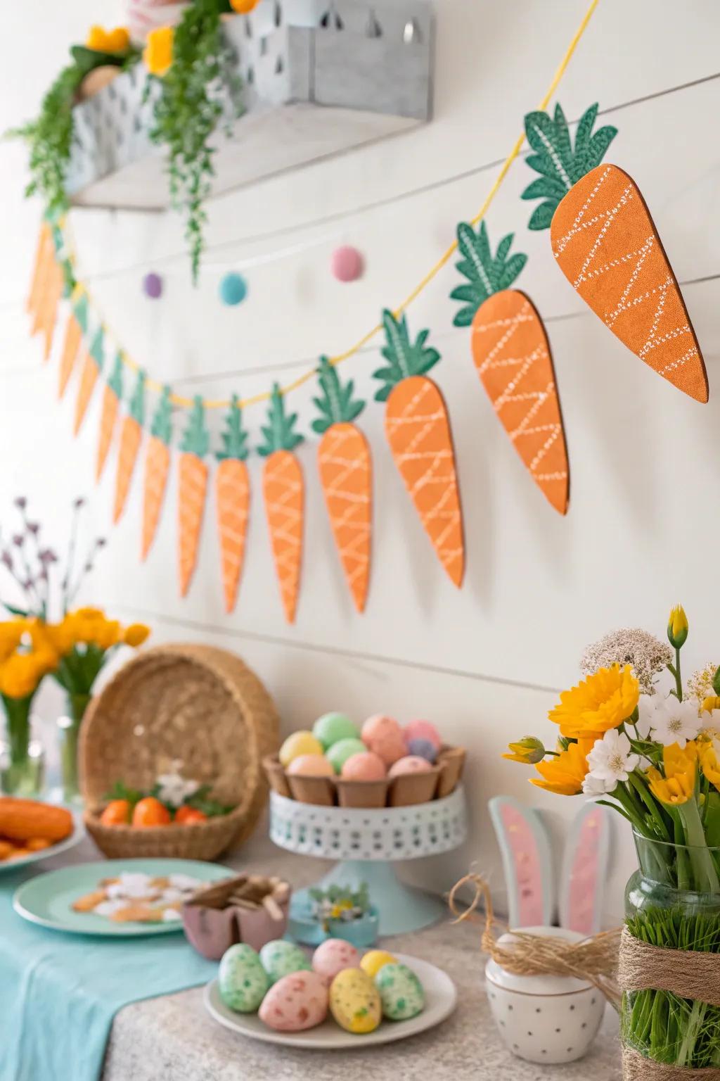 A carrot garland delivers a playful accent to the design.
