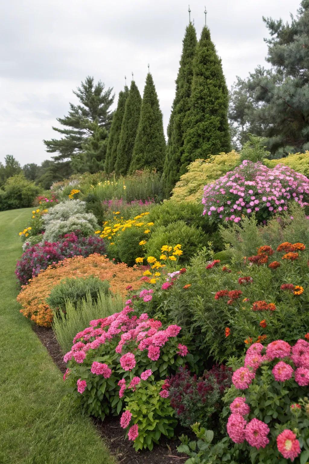 Invariable plants ensure this flower bed persists as lush across the seasons.