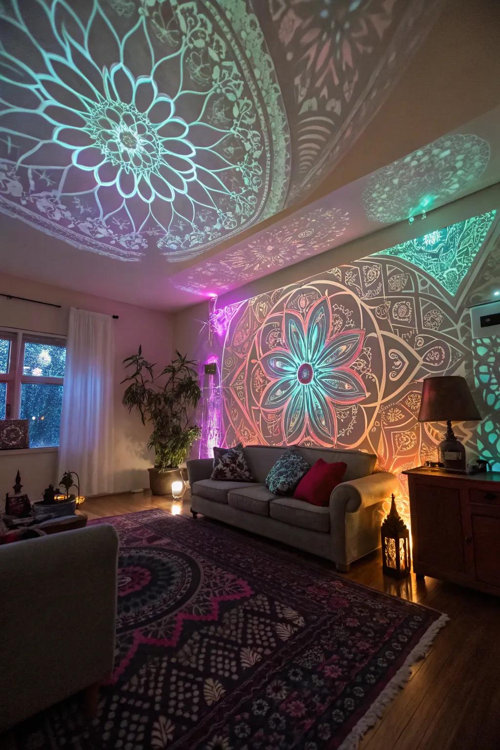 Fractal illumination projections transform a family room into a captivating visual sensation.