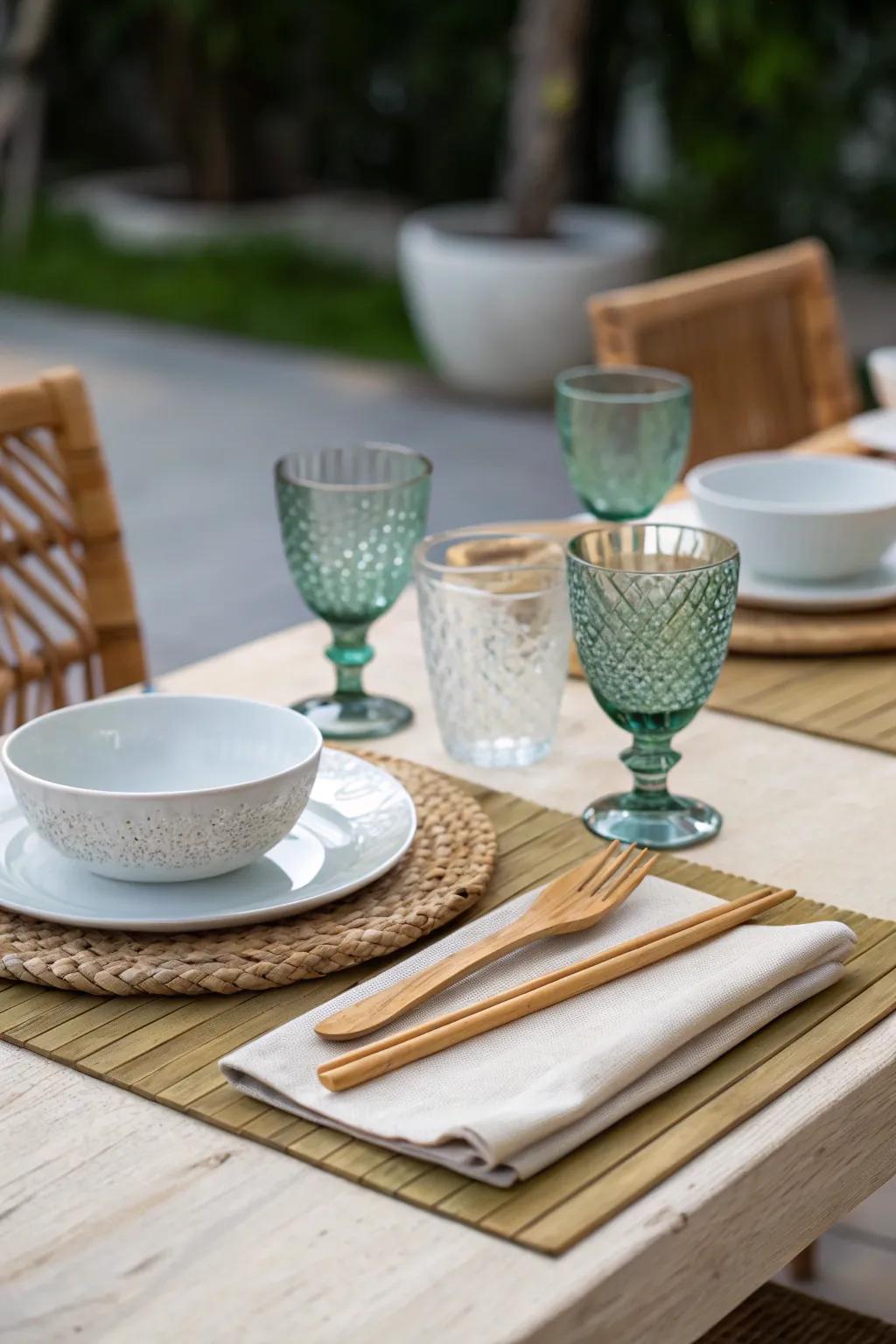 The table gains sustainability from eco-friendly glassware and utensils.