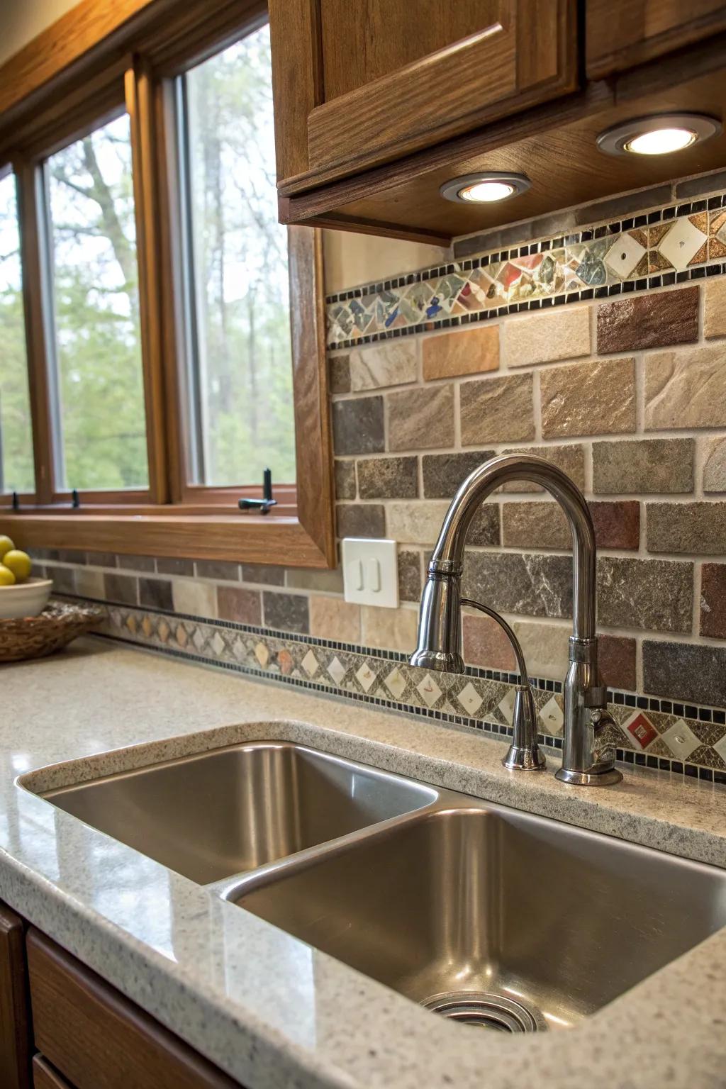 Blended materials fashion a dynamic and textured kitchen backdrop.