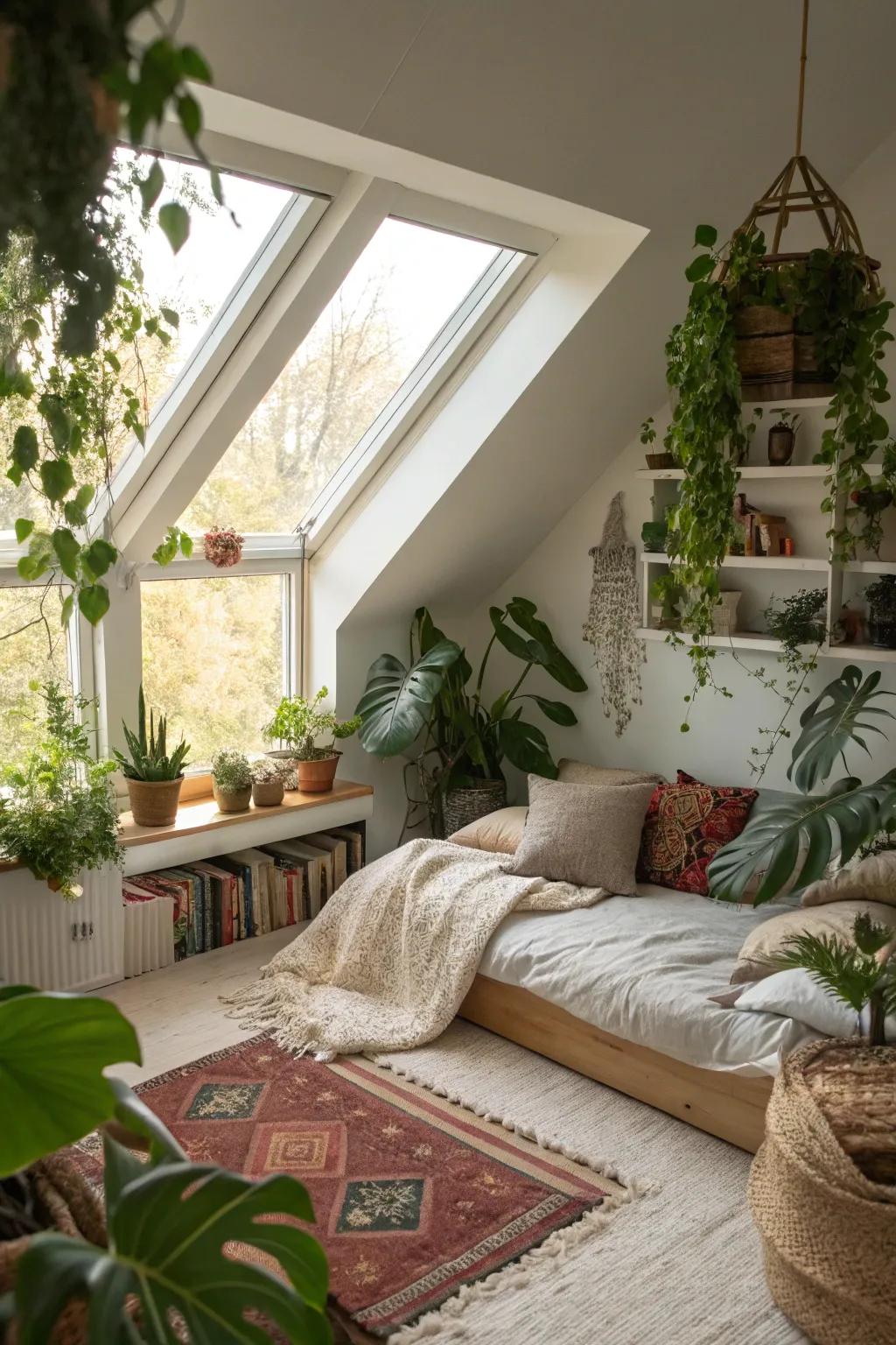Greenery gives an attic bedroom a revitalising touch.