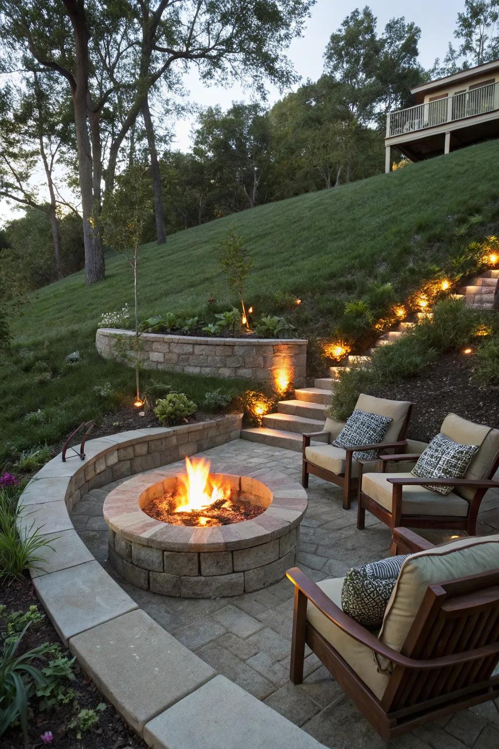A cozy bonfire becomes the key feature of this terraced garden.