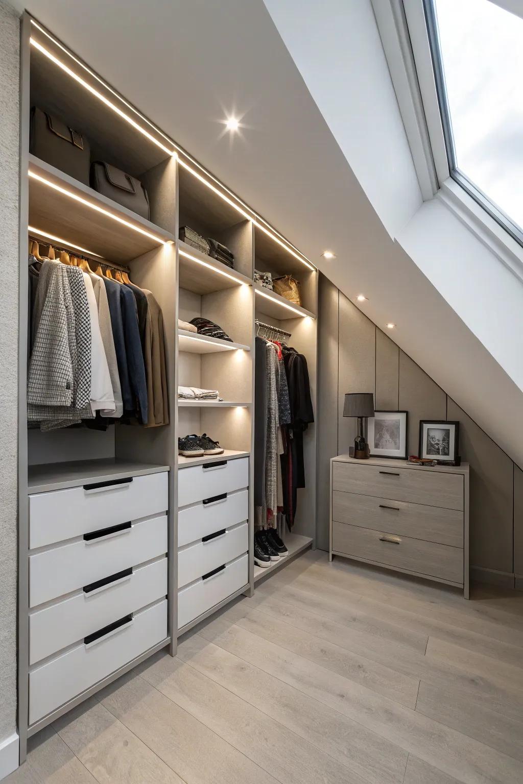 Integrated lighting brightens your closet, making every corner visible and welcoming.