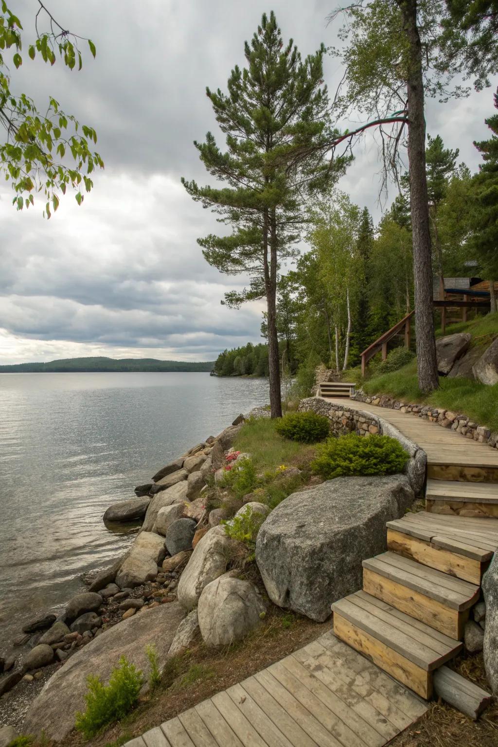 Nature materials enhance the down-to-earth appeal of this lakeside property.