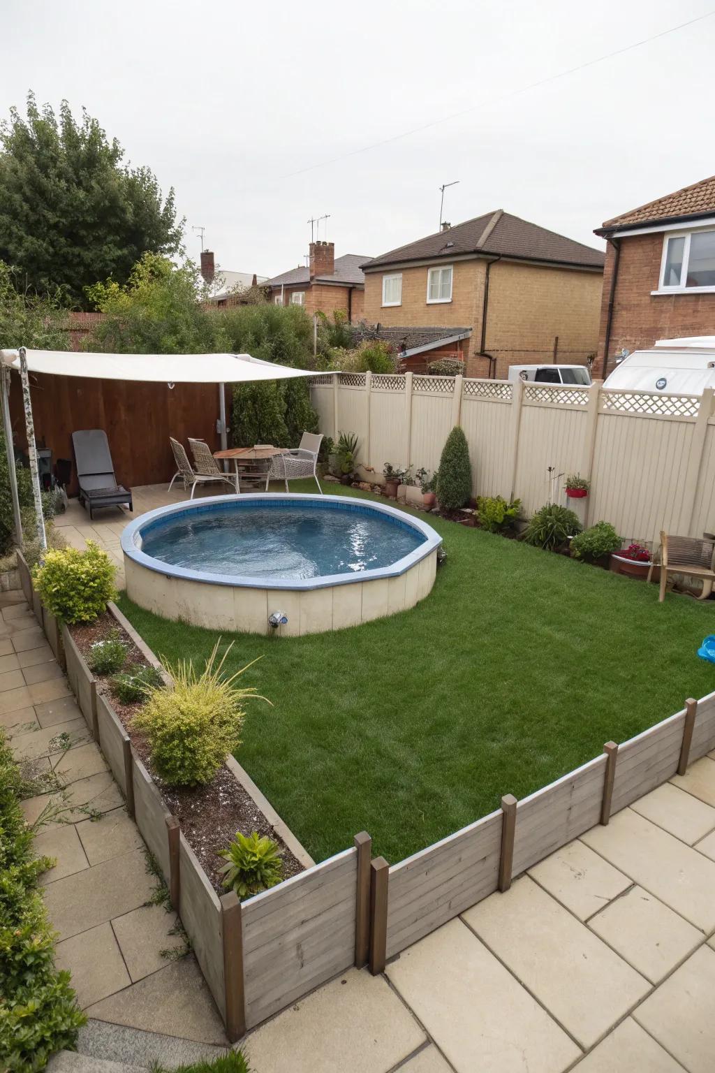 A smartly designed compact above-ground pool area.