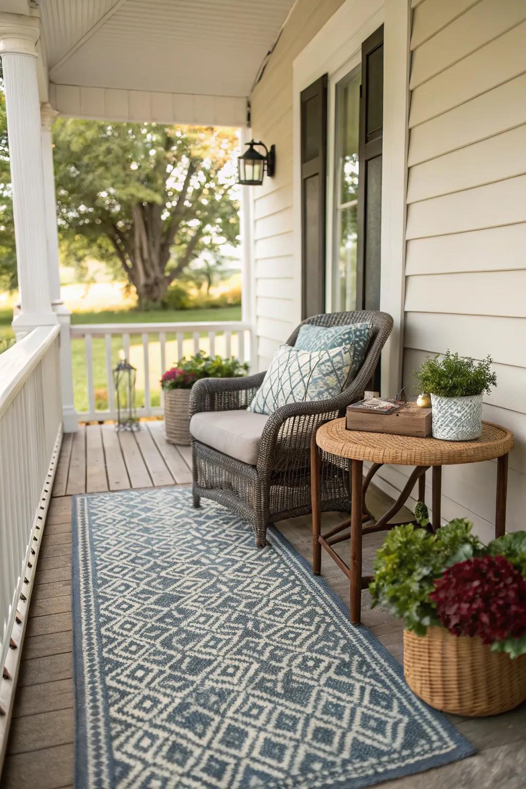 A decorative rug unites the comfortable elements of a modest porch.