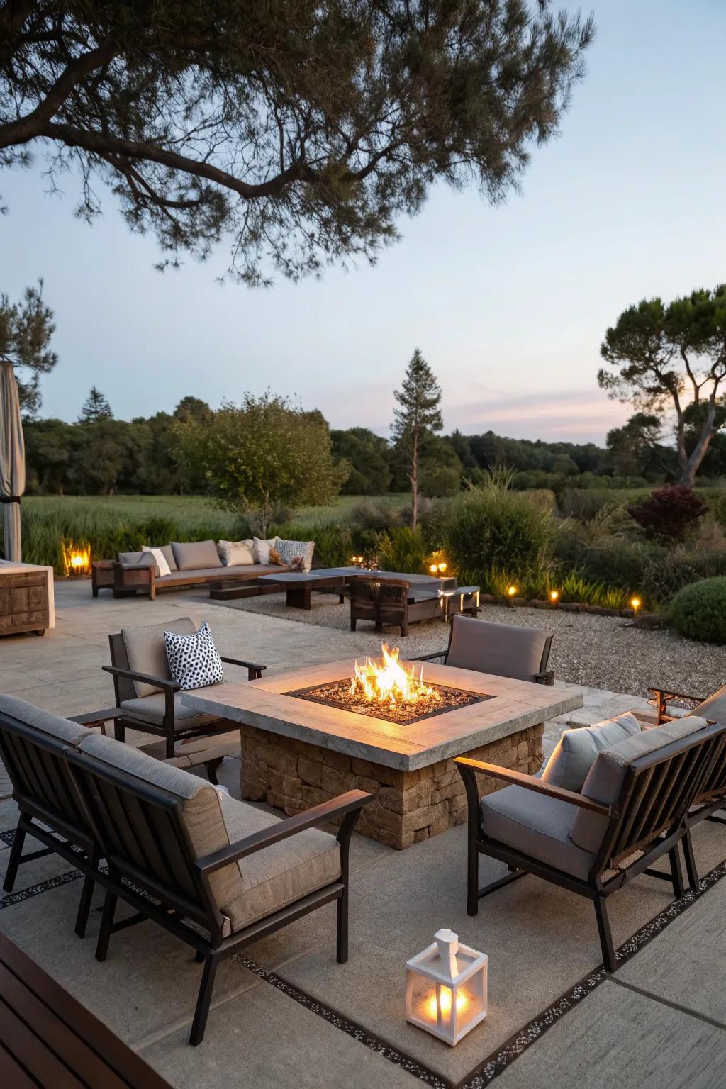 A fire pit desk offers both warmth and a surface for dining or drinks.