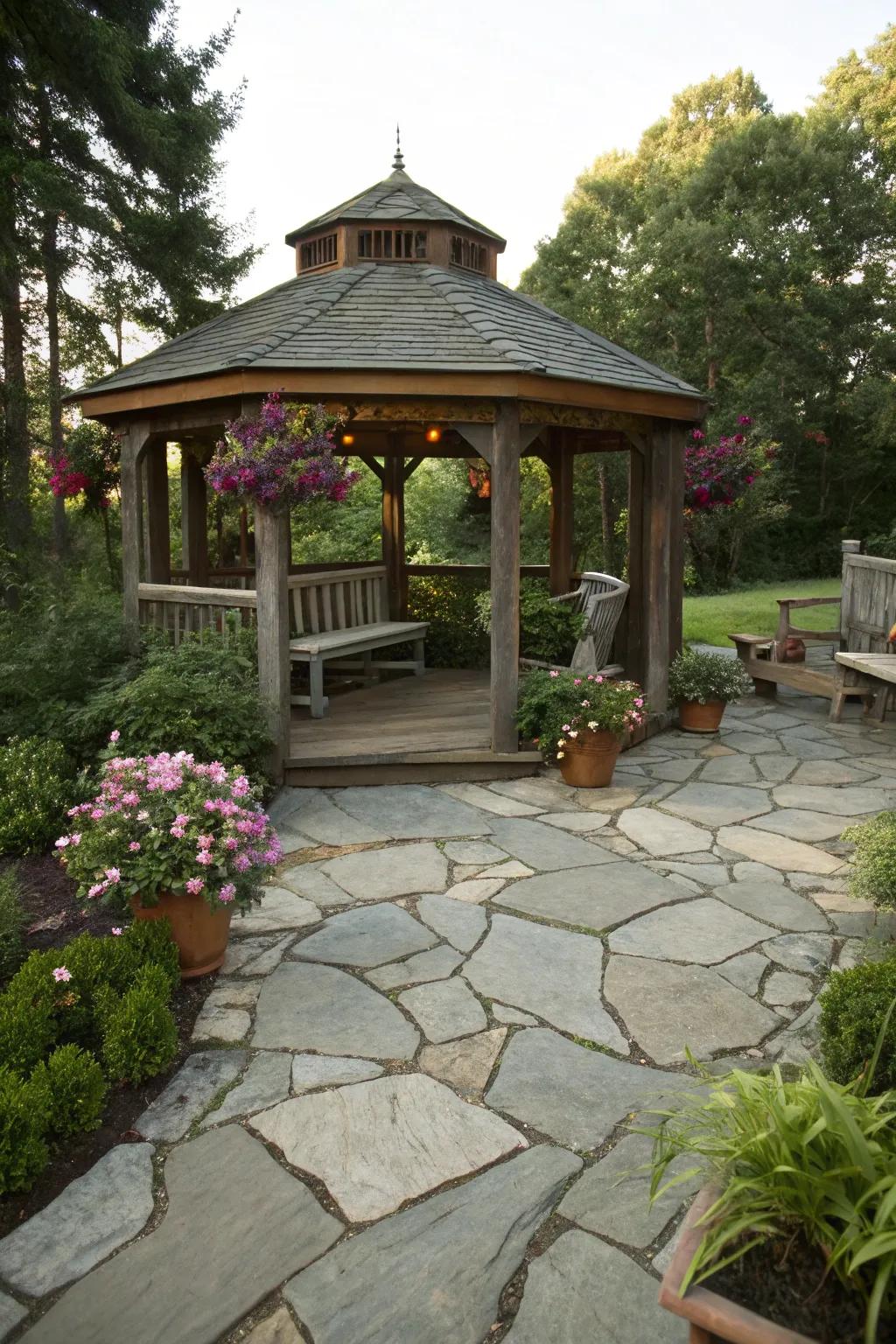 Stone ground covering lends country charm to your arbor.