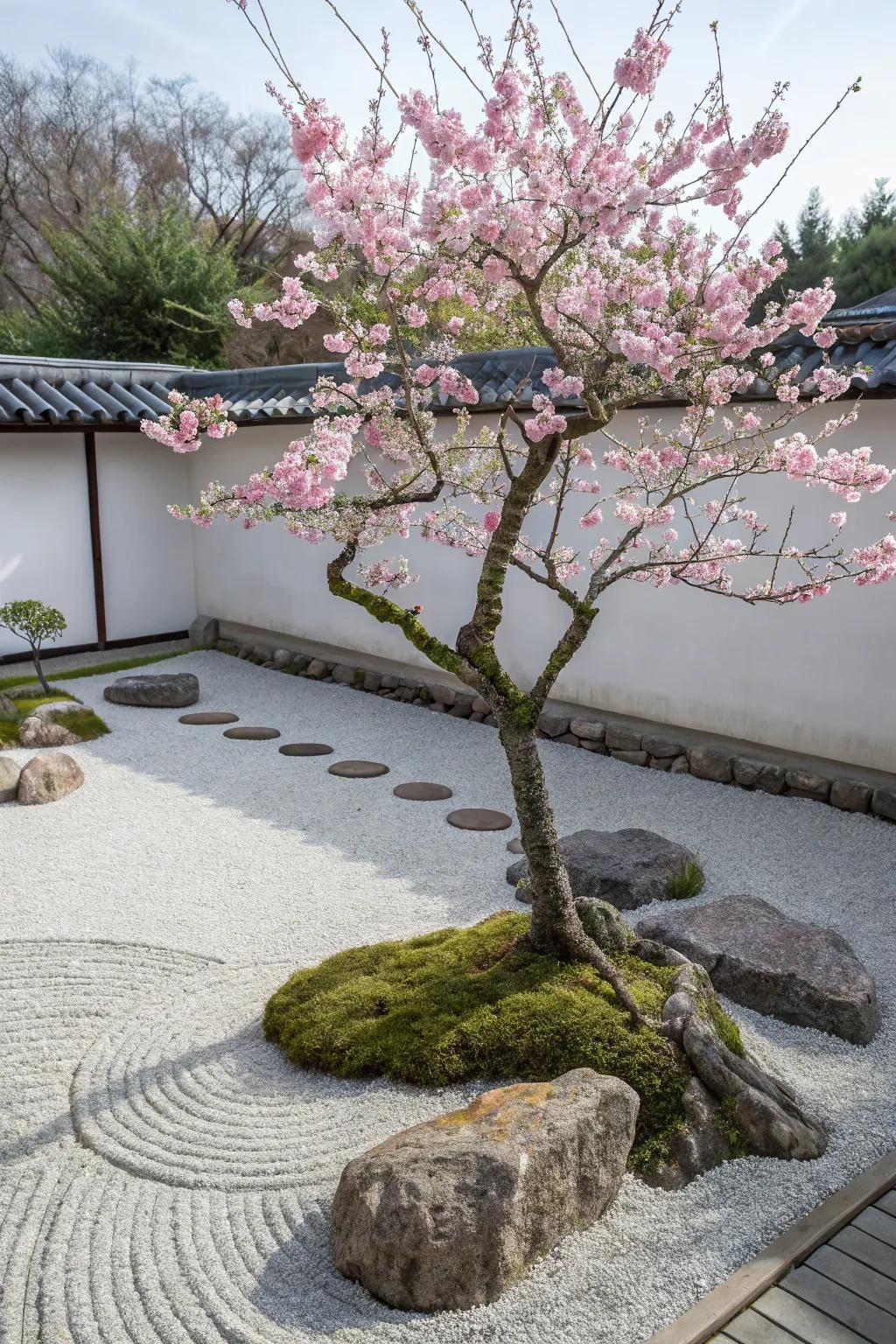 A zen garden showcases a small cherry blossom tree in full bloom, enhancing its seasonal beauty.
