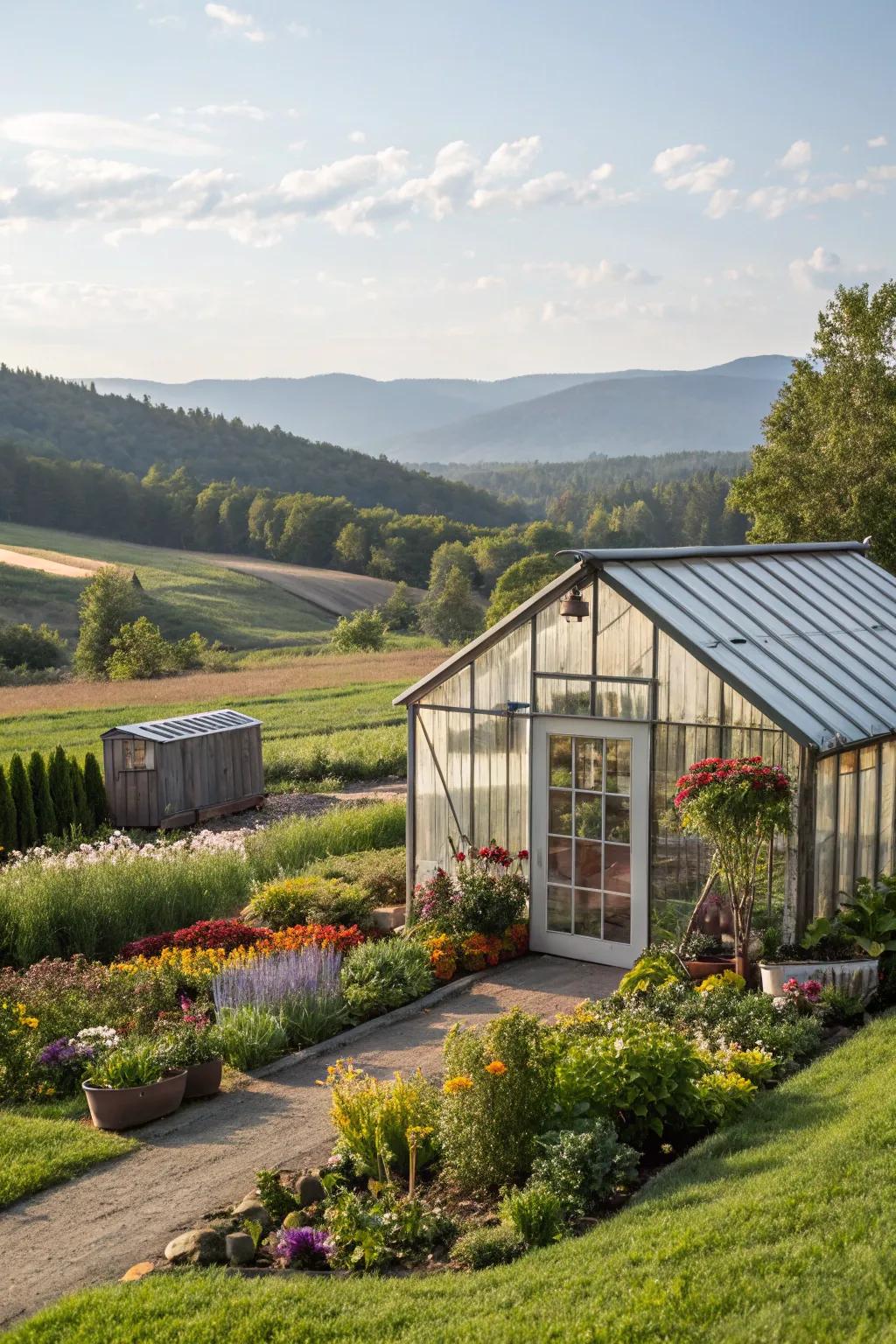 A thriving greenhouse attached to a barn.