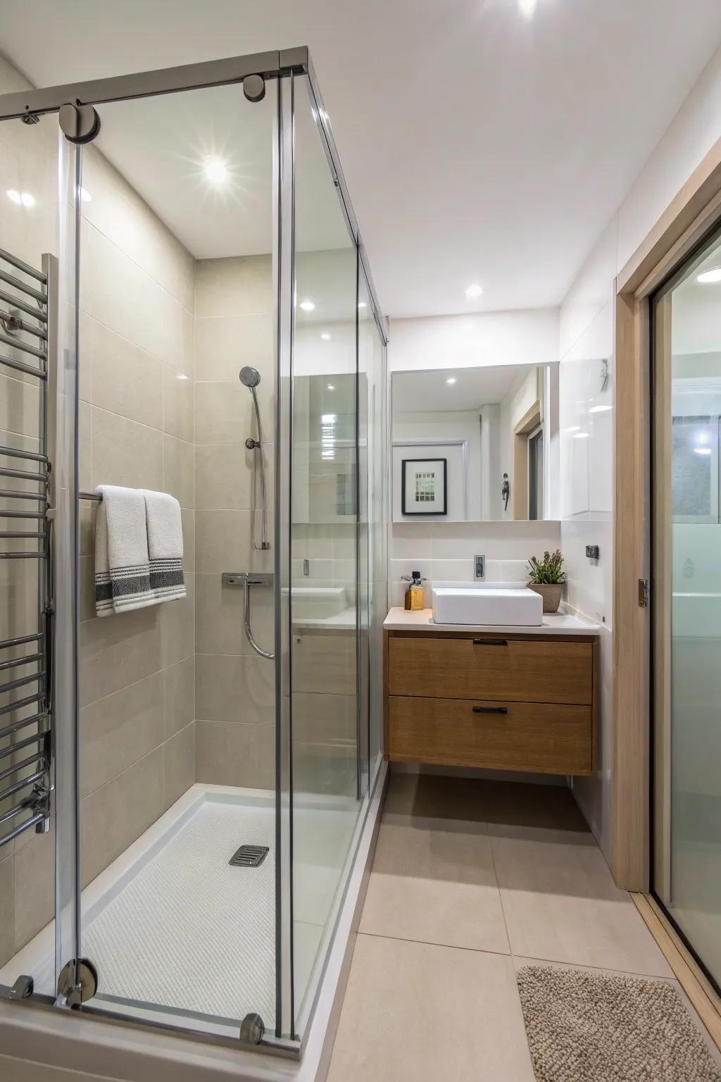 Glass shower panels help in maintaining a spacious atmosphere.