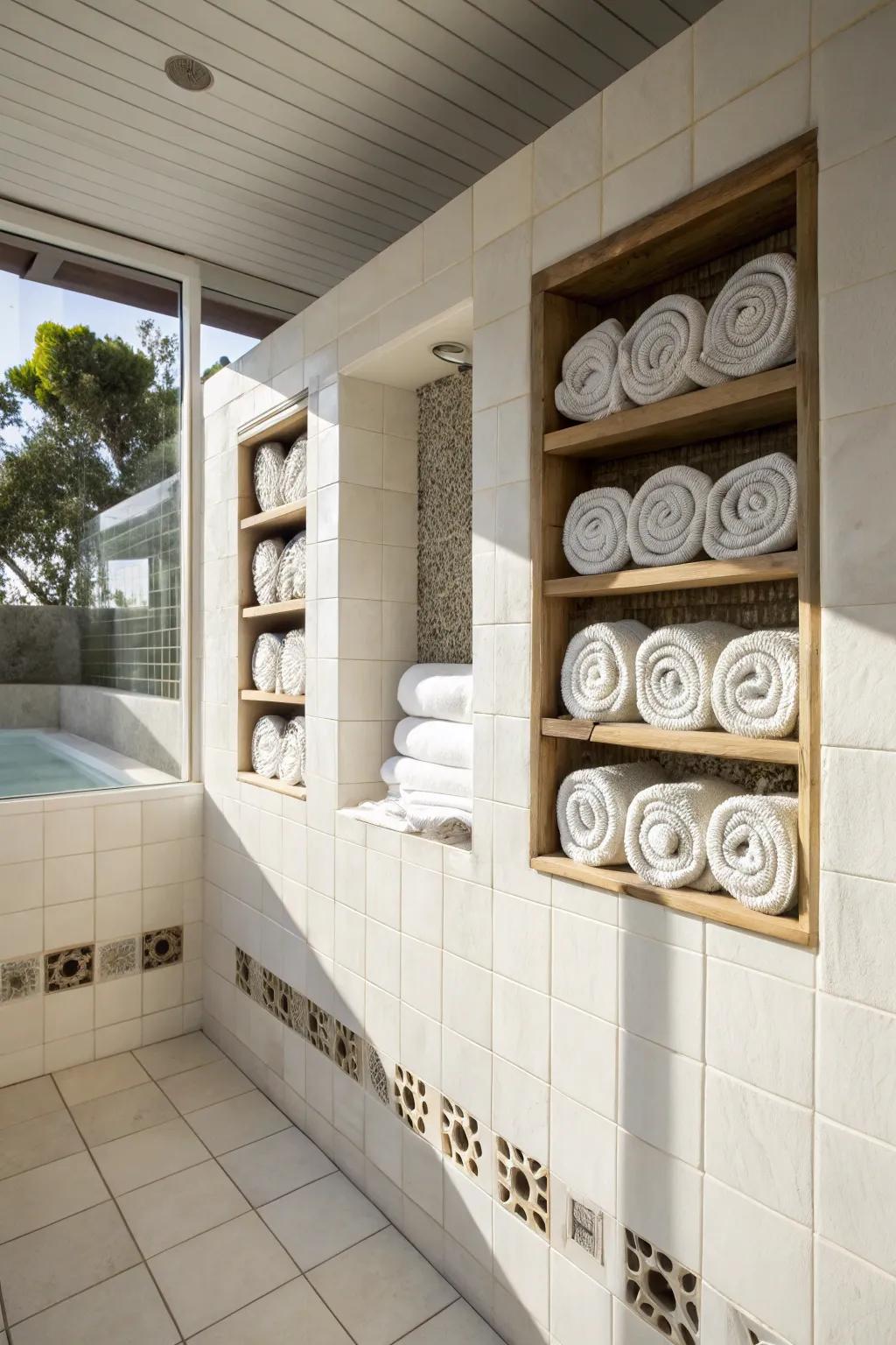 Chic way to store towels: rolls in wall cutouts.
