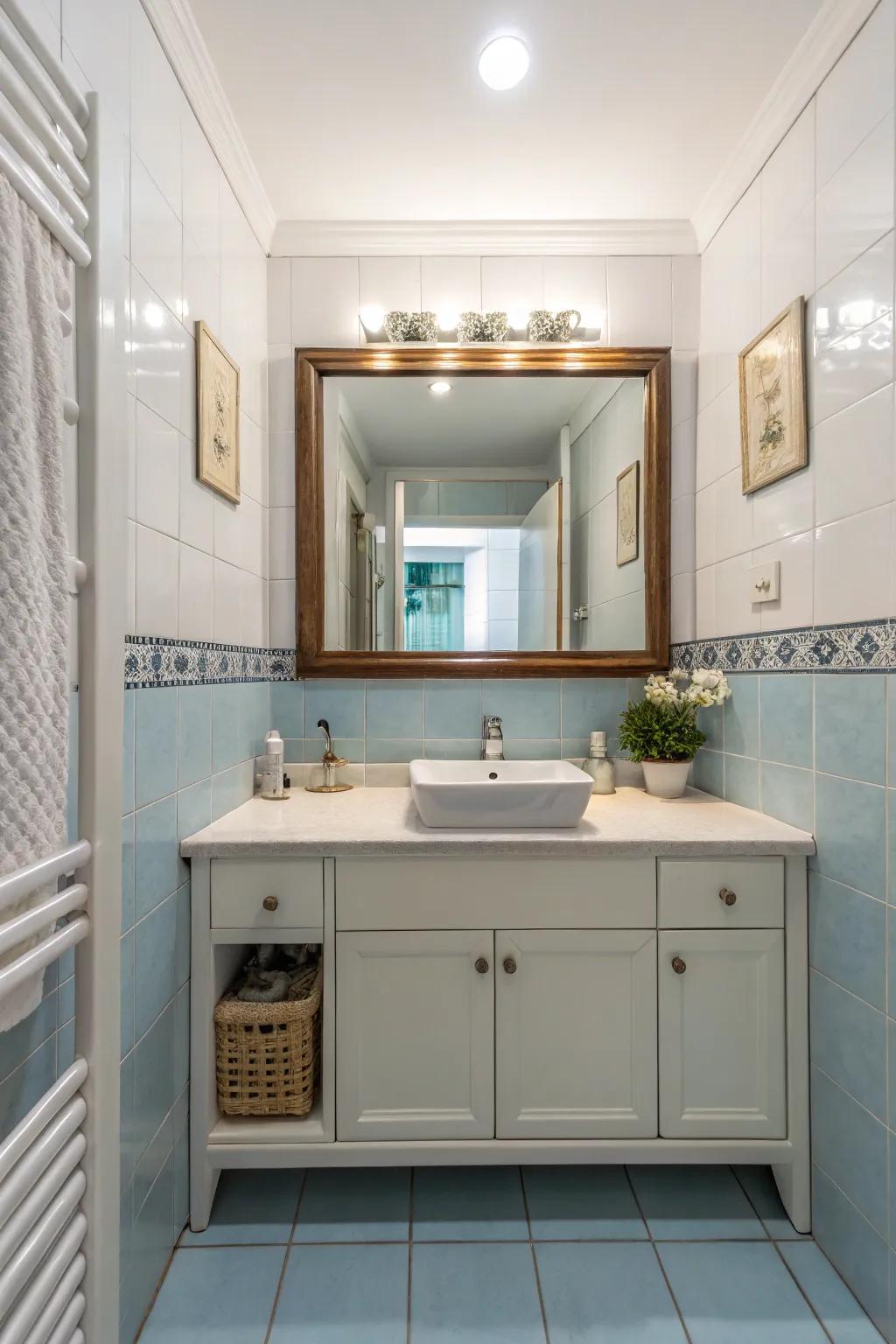 A strategically placed mirror amplifying light and space in a compact bathroom.