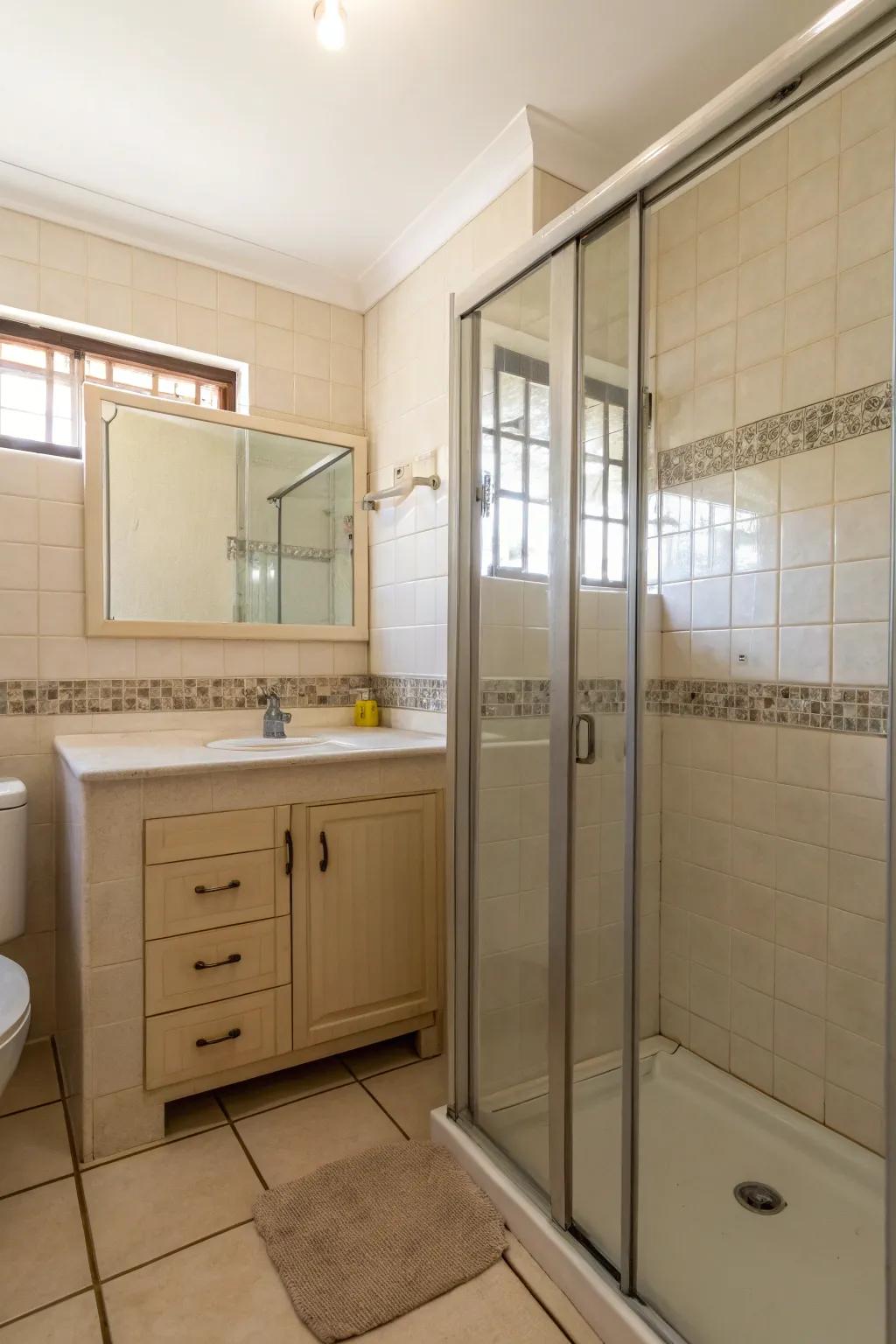 A small bathroom showcasing a seamless glass shower enclosure.