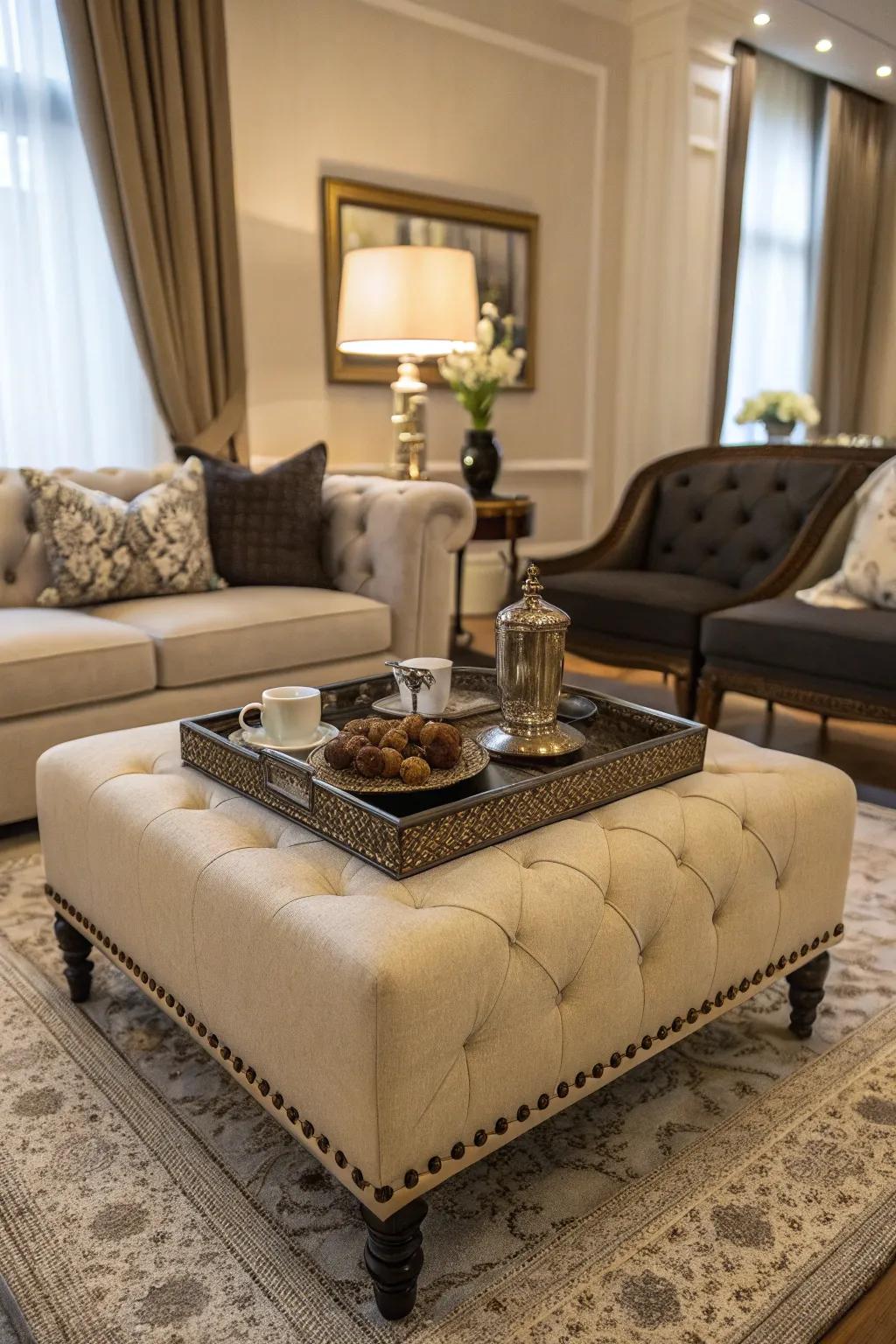 Ottomans with trays seamlessly combine comfort and utility.