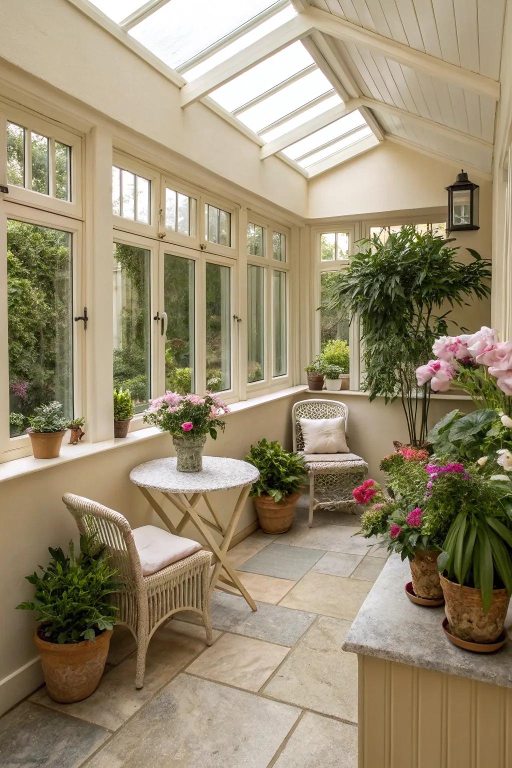 Pale hues enhance the airy sensation of compact conservatories.