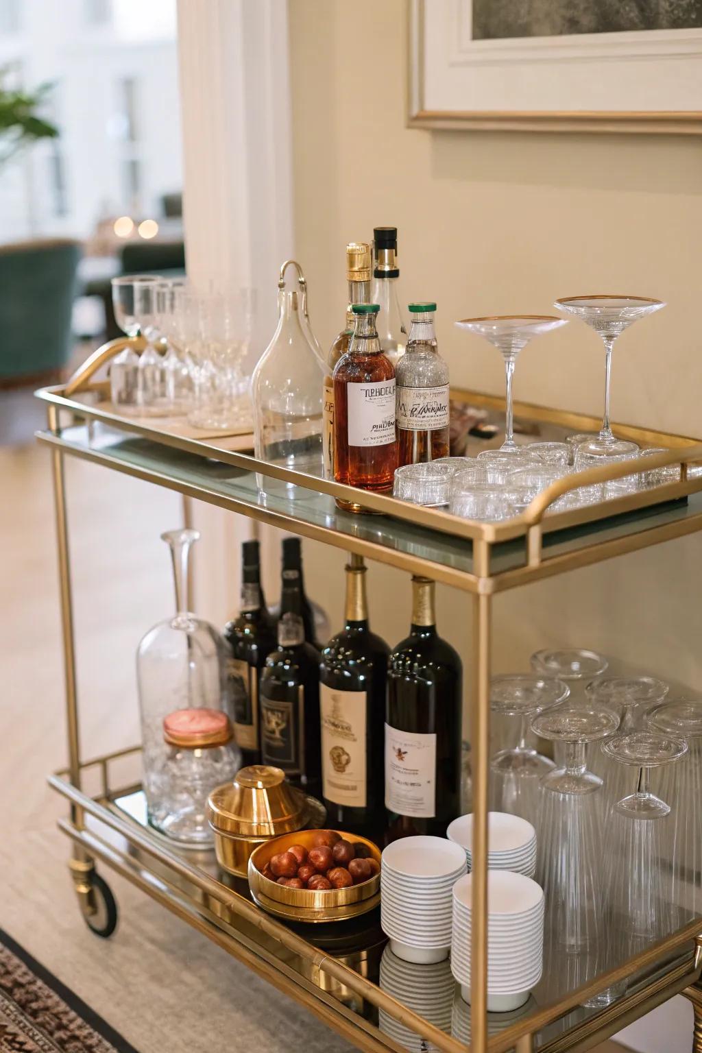A bar cart can be a chic and functional addition.