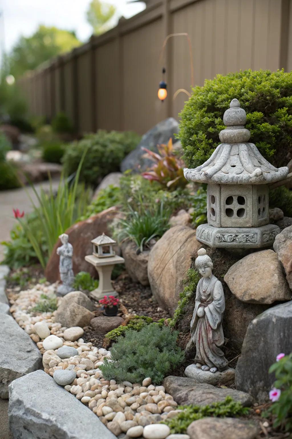 Garden ornaments adding character to a small rock garden.