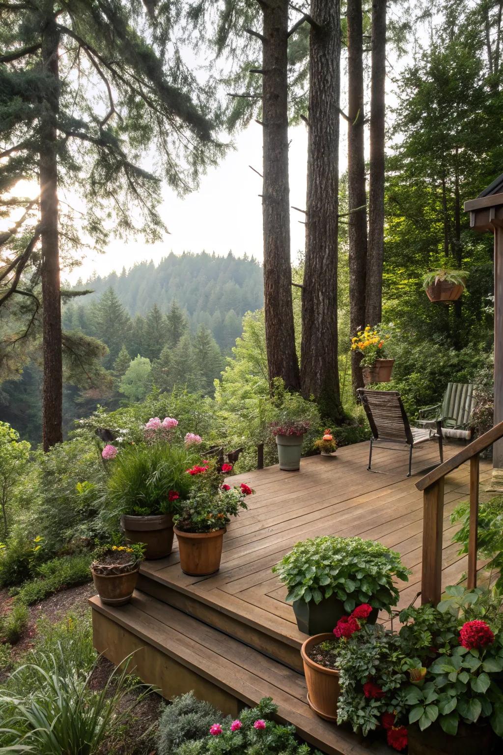 A small deck nestled in a lush garden setting.