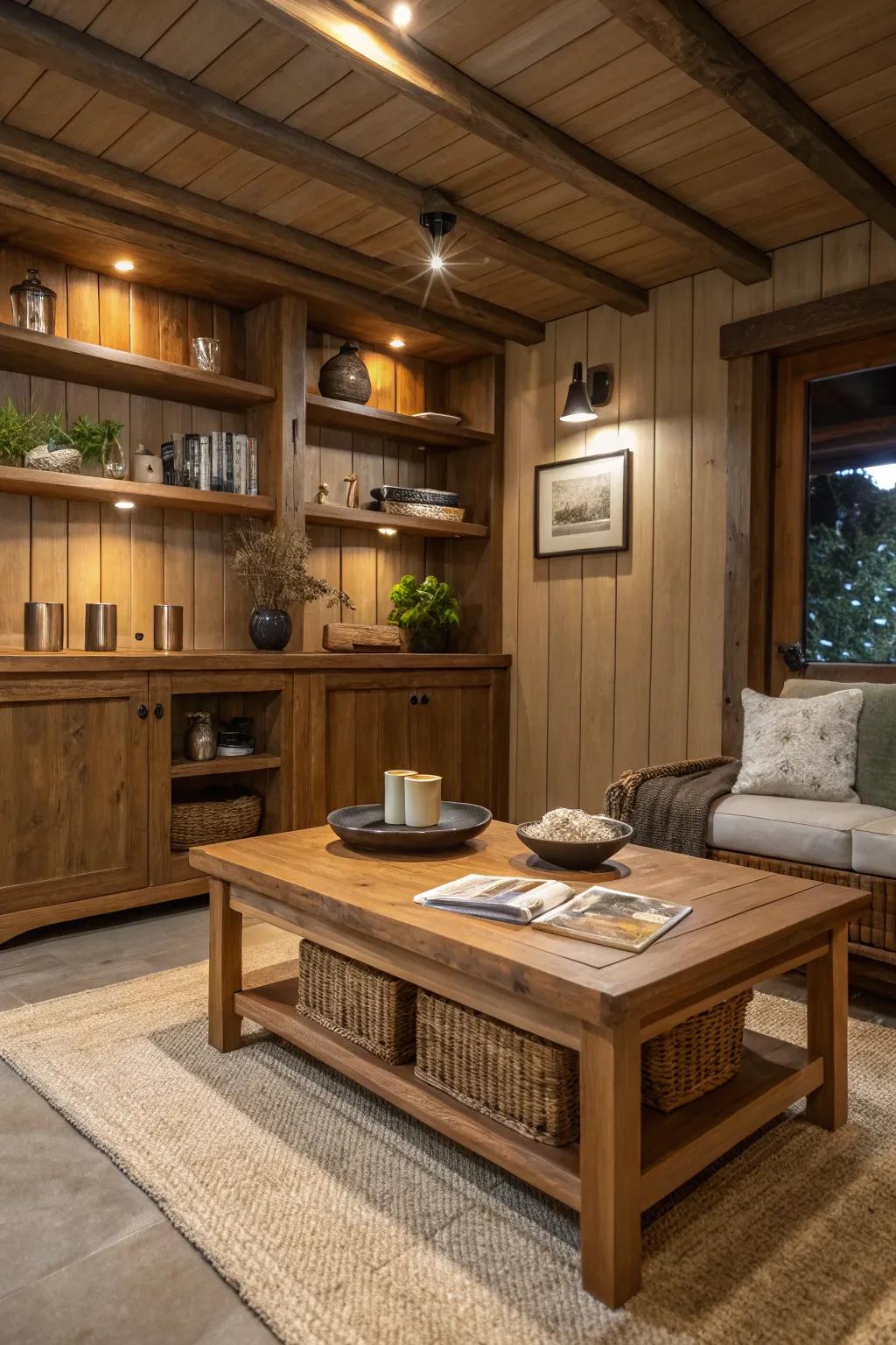 Wood pieces lend warmth to the den.