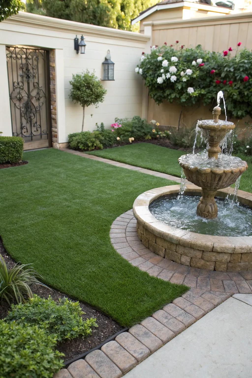 A small water decor adding peacefulness to a synthetic turf garden.