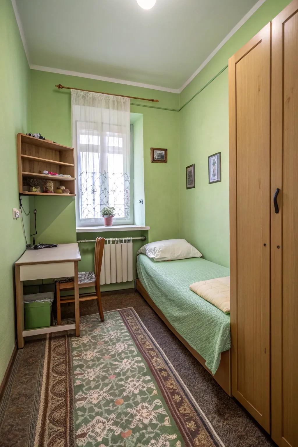 A streamlined layout optimizes area in a small bedroom.