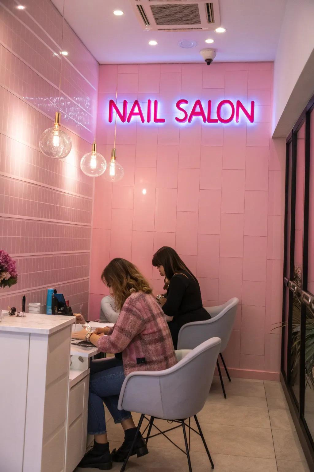 Neon signs add a contemporary touch to your salon.
